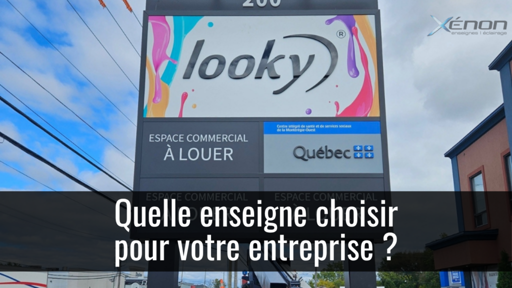 Exemples d’enseignes commerciales incluant enseigne 3D, boîtier lumineux et affichage extérieur