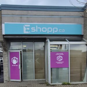Enseigne commerciale pour Eshopp.ca sur fond bleu